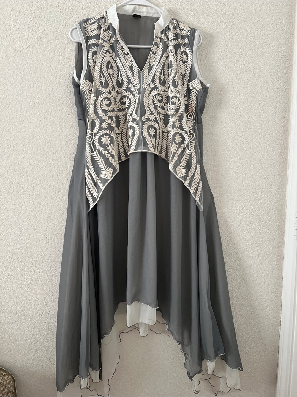 Grey Sleeveless Embroidered High-Low Dress Indian Kurti